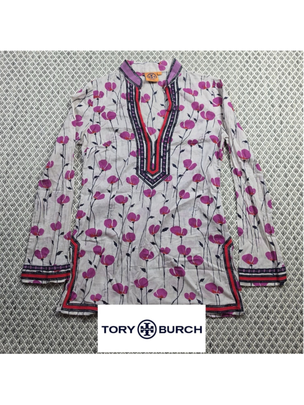 Tory Burch Womens 2 Floral Poppy Print Embroidered Tunic Top Pink Purple